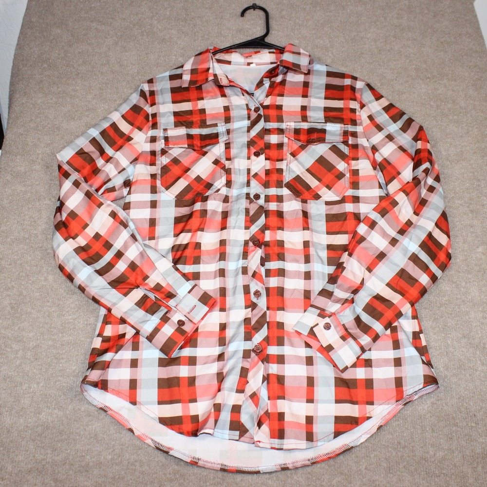 Womens Plaid Button Down Shirt Red Orange Brown Check Long Sleeve Top Size M